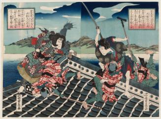 Actors Arashi Rikan II as Inuzuka Shino Moritaka (R) and Nakamura Utaeon III as Inukai Genpachi Nobumichi (L), from the series Eight Dog Heroes of the Satomi Clan (Satomi-ke hakkenshi no hitori)