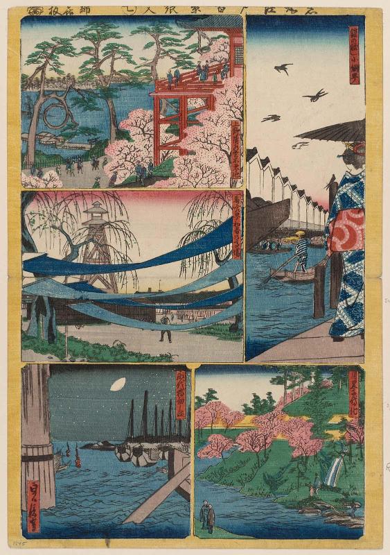 Sheet 7 from the series Cutout Pictures of One Hundred Views of Edo (Meisho Edo hyakkei harimaze), copied from the Hundred Views of Edo (Meisho Edo hyakkei) by Hiroshige I