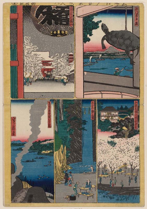 Sheet 6 from the series Cutout Pictures of One Hundred Views of Edo (Meisho Edo hyakkei harimaze), copied from the Hundred Views of Edo (Meisho Edo hyakkei) by Hiroshige I