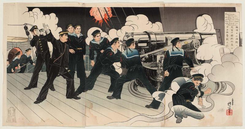 Lieutenant Commander Yamanaka, Chief Gunner of Our Ship Fuji, Fights Fiercely in the Naval Battle at the Entrance to Port Arthur (Ryojunkô no kaisen ni waga Fuji hôjutsuchô Yamanaka shôsa funsen)
