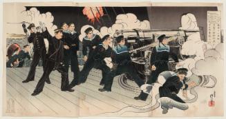 Lieutenant Commander Yamanaka, Chief Gunner of Our Ship Fuji, Fights Fiercely in the Naval Battle at the Entrance to Port Arthur (Ryojunkô no kaisen ni waga Fuji hôjutsuchô Yamanaka shôsa funsen)