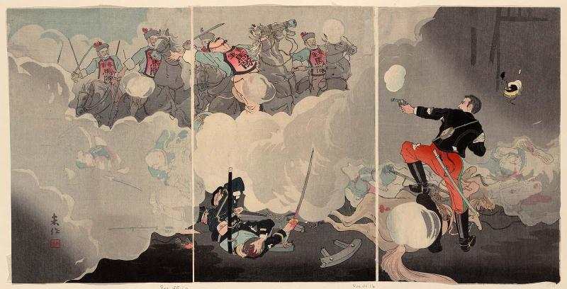 Picture of the Heroic Fight of the Scout Lt. Takenouchi at Chung-hua (Sekkôki Takenouchi-kun Chûwa ni oite funtô no zu)