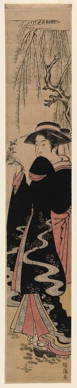 Young Woman under Willow Tree Holding Spray of Flowers