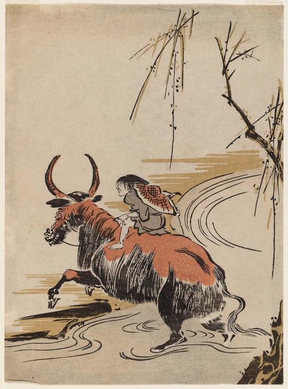 Boy Riding a Water Buffalo across a Stream