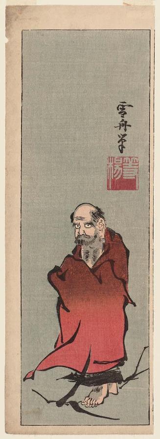 Reproduction of a painting: Bodhidharma (Daruma) Crossing the Water on a Reed, probably cut from an unidentified harimaze sheet