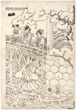 The Tsûten Bridge Scene: Unidentified Actors as Ladies-in-Waiting (Koshimoto) (R), and Actors Bandô Hikosaburô IV as Ashikaga Yoshimasa kô and Ichikawa Kodanji IV as Asakura Tôgô (L)