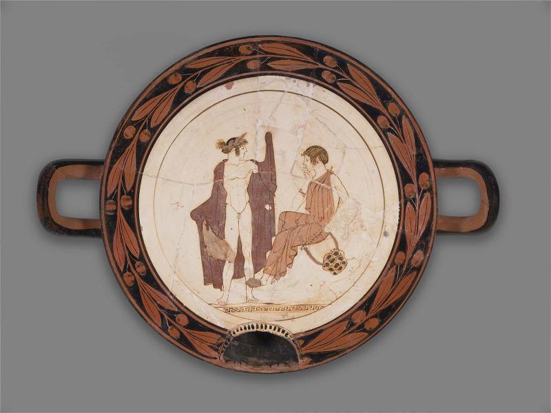 Covered drinking cup (kylix) with Apollo and a Muse