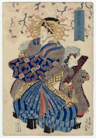 Miyoharu of the Wakamatsuya, from an untitled series of courtesans parading under cherry blossoms