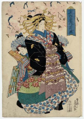 Hanateru of the Wakamatsuya, from an untitled series of courtesans parading under cherry blossoms