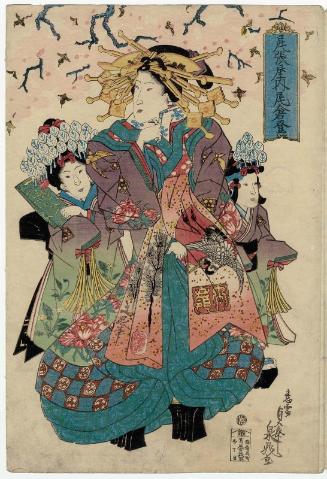 Okurato (?) of the Owariya, from an untitled series of courtesans parading under cherry blossoms