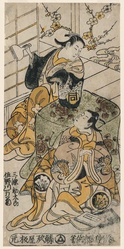 Actors Sanjô Kantarô II as Gonshichi, a Seller of Guidebooks (Saiken-uri Gonshichi), and Sanogawa Mangiku as Sakuragi