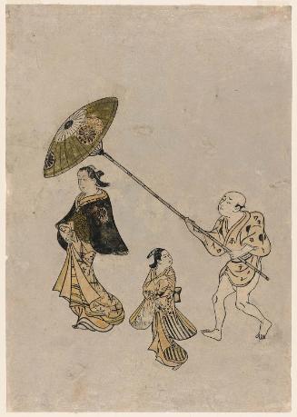 Courtesan, Kamuro, and Attendant with Parasol