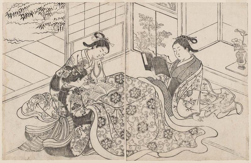 Seated at a Kotatsu Reading Books, from the book Ehon tokiwagusa (The Evergreens: A Picture Book), vol. II