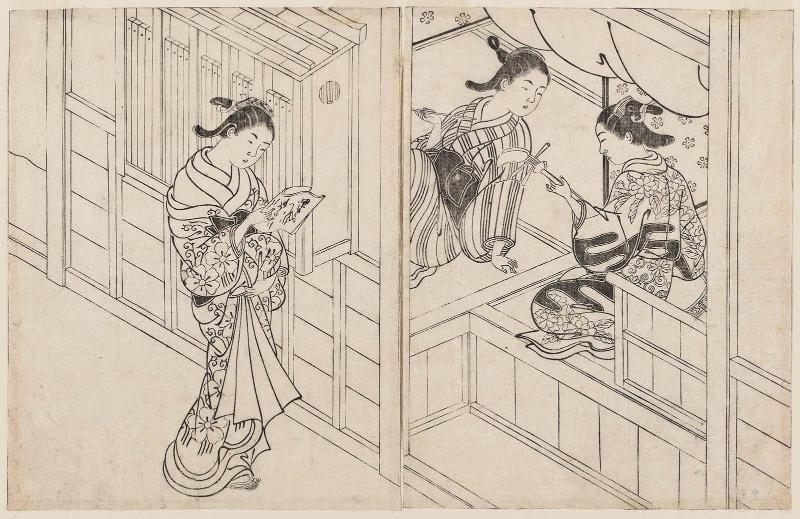 Three Courtesans Reading a Letter, Smoking, and Playing the Shamisen, from the book Ehon tokiwagusa (The Evergreens: A Picture Book), vol. III