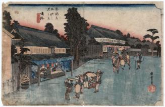 Narumi: Famous Arimatsu Tie-dyed Fabric (Narumi, meibutsu Arimatsu shibori), from the series Fifty-three Stations of the Tôkaidô Road (Tôkaidô gojûsan tsugi no uchi), also known as the First Tôkaidô or Great Tôkaidô