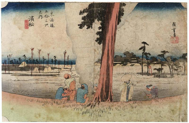 Hamamatsu: Winter Scene (Hamamatsu, fuyugare no zu), from the series Fifty-three Stations of the Tôkaidô (Tôkaidô gojûsan tsugi no uchi), also known as the First Tôkaidô or Great Tôkaidô