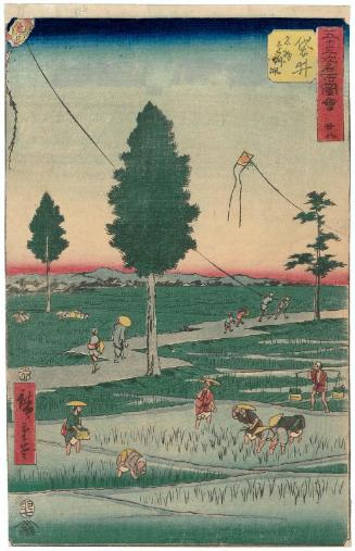 No. 28, Fukuroi: Famous Tôtômi Kites (Fukuroi, meibutsu Enshû tako), from the series Famous Sights of the Fifty-three Stations (Gojûsan tsugi meisho zue), also known as the Vertical Tôkaidô