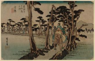Yoshiwara: Mount Fuji on the Left (Yoshiwara, hidari Fuji), from the series Fifty-three Stations of the Tôkaidô Road (Tôkaidô gojûsan tsugi no uchi), also known as the First Tôkaidô or Great Tôkaidô