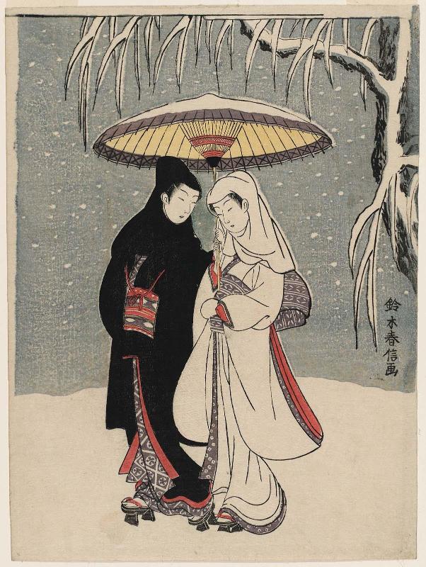 Lovers under an Umbrella in the Snow