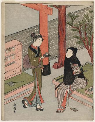 Osen of the Kagiya and a Young Samurai in a Black Hood