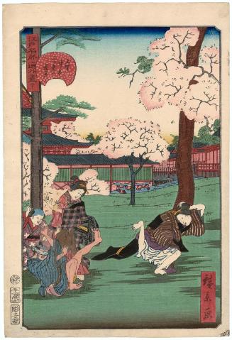 No. 21, Cherry-blossom Viewing at the Middle Hall and the Double Hall in Ueno (Ueno Chûdô Futatsu-dô no hanami), from the series Comical Views of Famous Places in Edo (Edo meisho dôke zukushi)