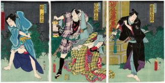 Actors Bandô Hikosaburô V as Shirai Gonpachi (R), Sawamura Tanosuke III as Yaeume, Seki Sanjurô III as Hokke Chôbei (C), and Kawarazaki Gonjûrô I as Sasano Gonza (L)
