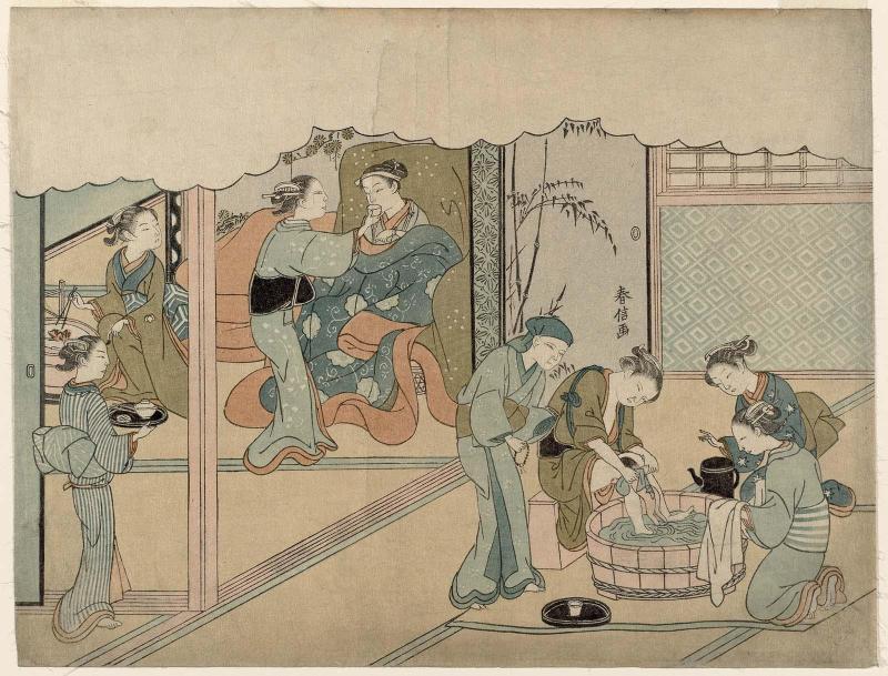 The Birth of the First Child (Uizan), sheet 7 of the series Marriage in Brocade Prints, the Carriage of the Virtuous Woman (Konrei nishiki misao-guruma), known as the Marriage series