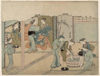 The Birth of the First Child (Uizan), sheet 7 of the series Marriage in Brocade Prints, the Carriage of the Virtuous Woman (Konrei nishiki misao-guruma), known as the Marriage series