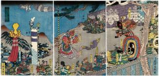 At the Fortress of Chihaya, Kusunoki Masashige Appreciates a Spirited Performance of Music and Song (Kusunoki Masashige Chihaya-jô ni te ongaku uta no eiki o rei su no zu)