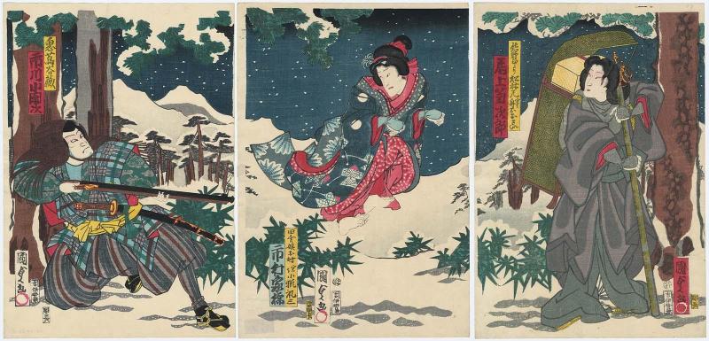 Actors Onoe Kikujirô II as the Kumano Pilgrim (Kumano hijiri) Shôrin-ni, Actually (Jitsu wa) Funadama Osai (R), Ichimura Kakitsu IV as the Country Girl (Inaka musume) Omura, Actually the Little Fox (Jitsu wa Kogitsune) Reiza (C), and Ichikawa Kodanji IV as Onizuta Tanizô (L)