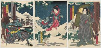 Actors Onoe Kikujirô II as the Kumano Pilgrim (Kumano hijiri) Shôrin-ni, Actually (Jitsu wa) Funadama Osai (R), Ichimura Kakitsu IV as the Country Girl (Inaka musume) Omura, Actually the Little Fox (Jitsu wa Kogitsune) Reiza (C), and Ichikawa Kodanji IV as Onizuta Tanizô (L)