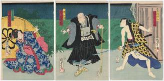 Actors Ichimura Kakitsu IV as Fuwa Bansaku (R), Ichikawa Danzô VI as Ikkyû Hôshi (C), and Bandô Mitsugorô VI as Koshimoto Iwahashi (R)
