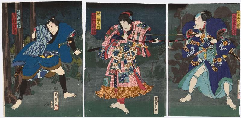 Actors Bandô Hikosaburô V as Date no Koroku Sukenori (R), Ichimura Kakitsu IV as Kusunoki Koma-hime (C), and Ichimura Takematsu III as Mokushirô's Son (Segare) Chikakichi (L)