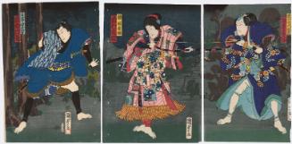 Actors Bandô Hikosaburô V as Date no Koroku Sukenori (R), Ichimura Kakitsu IV as Kusunoki Koma-hime (C), and Ichimura Takematsu III as Mokushirô's Son (Segare) Chikakichi (L)