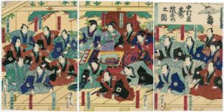 Celebration at the Nakamura Theater (Nakamura-za kotobuki hirô no zu): Actors Kawarazaki Gonjûrô I, Moritaya Kan’ya XII, Ichimura Uzaemon XIII, Ichikawa Shinsha I, Tokiwazu Komojidayû (musician), Sawamura Tosshô II, Nakamura Shikan IV (R);  Nakamura Kanzaburô III, Ichikawa Kodanji IV, Iwai Shijaku II, Sawamura Tanosuke III, Ichikawa Sadanji I, Onoe Eizaburô 4.5, Kawarazaki Gonjûrô I (C); Ichikawa Danzô VI,  Bandô Hikosaburô V, Nakamura Nakazô III, Matsumoto Kinshô II, Ichikawa Komezô III, Ichikawa Yaozô VI, Nakayama Genjûrô II, and Ichikawa Shinnosuke IV (L)
