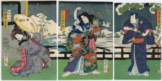 Actors Bandô Hikosaburô V as Ashikaga Mitsuuji (R), Kawarazaki Gonjûrô I as the Dance Teacher (Maishinan) Shinonome (C), and Iwai Shijaku II as Tasogare (L)