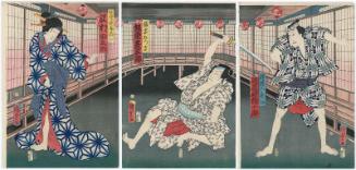 Actors Kawarazaki Gonjûrô I as Chef (Ryôrinin) Kisuke (R), Bandô Hikosaburô V as Fukuoka Mitsugi (C), and Sawamura Tanosuke III as Aburaya Okon (L)