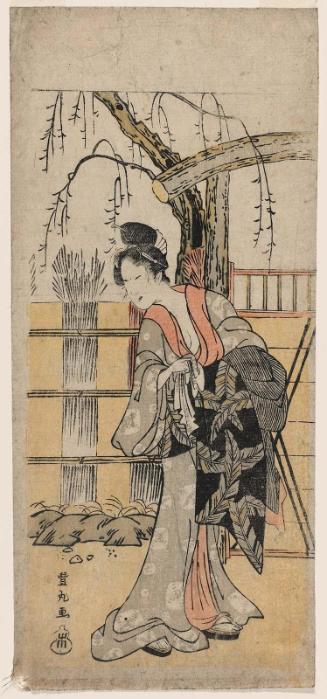 Woman Returning from Bath, beside a Garden Gate