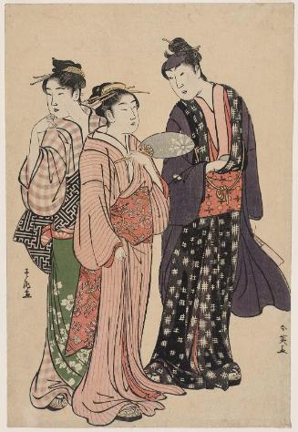 Actor Iwai Hanshirô IV (by Shun'ei) and Two Women (by Shunchô)