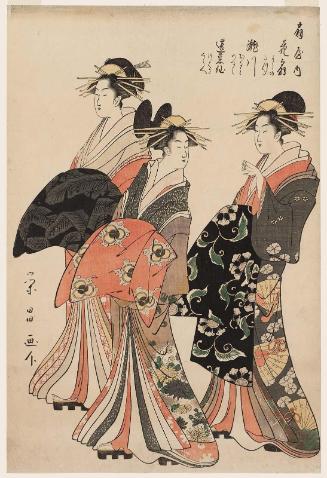 Courtesans of the Ôgiya: Hanaôgi, kamuro Yoshino and Tatsuta; Segawa, kamuro Onami and Menami; Miyahito, kamuro Tsubaki and Shirabe