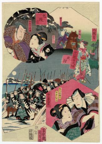 Acts VIII, IX, X, and Act XI: Conclusion, The Night Attack (Taisetsu, youchi), from the series Cut-out Pictures of The Storehouse of Loyal Retainers (Harimaze Chûshingura)