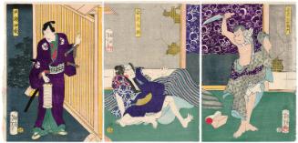 Actors Ôtani Tomoemon V as Adachi Motoemon (R), Nakamura Shikan IV as Adachi Yasuke (C), and Sawamura Tosshô II as Hayase Iori (L)