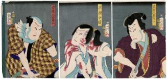 Actors Bandô Hikosaburô V as Tôma Saburôemon (R), Sawamura Tosshô II as Hayase Iori (C), and Ôtani Tomoemon V as Adachi Motoemon (L)