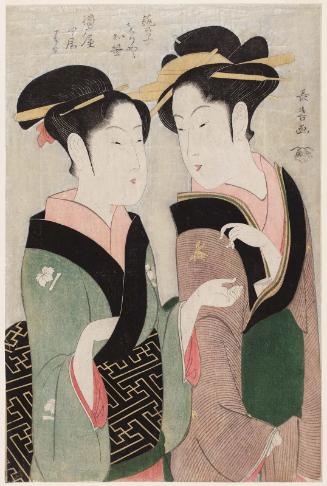 The Geisha Osasa of the Oriya (?) and the Maid (Nakai) Hata of the Bankôya (Geiko Oriya Osasa, Bankôya nakai Hata), from an untitled series of Osaka geisha