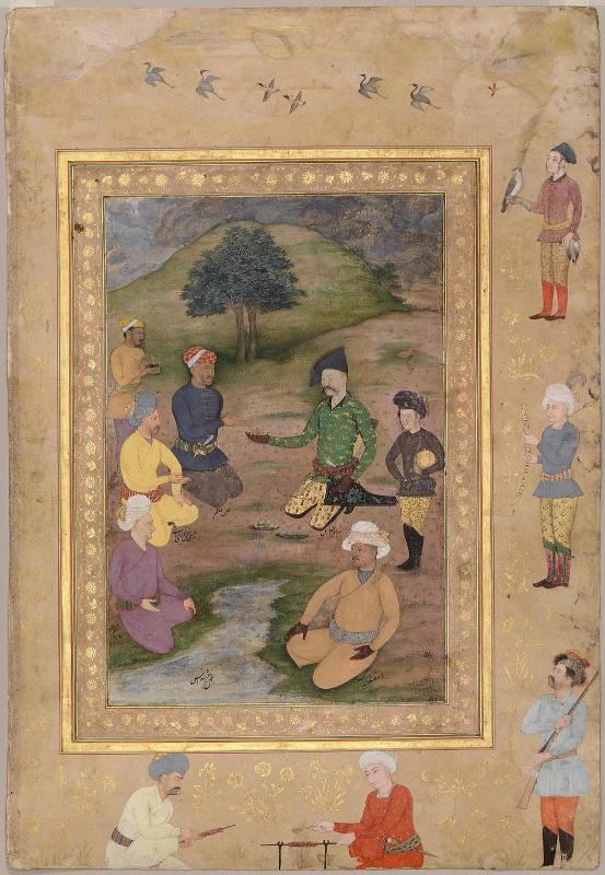 Page from the Late Shah Jahan Album:  Khan Alam, Ambassador of Jahangir, with Shah Abbas in a Landscape