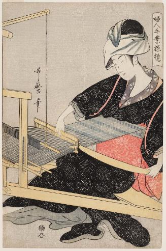 Weaving on a Loom, from the series Women's Handicrafts: Models of Dexterity (Fujin tewaza ayatsuri kagami)