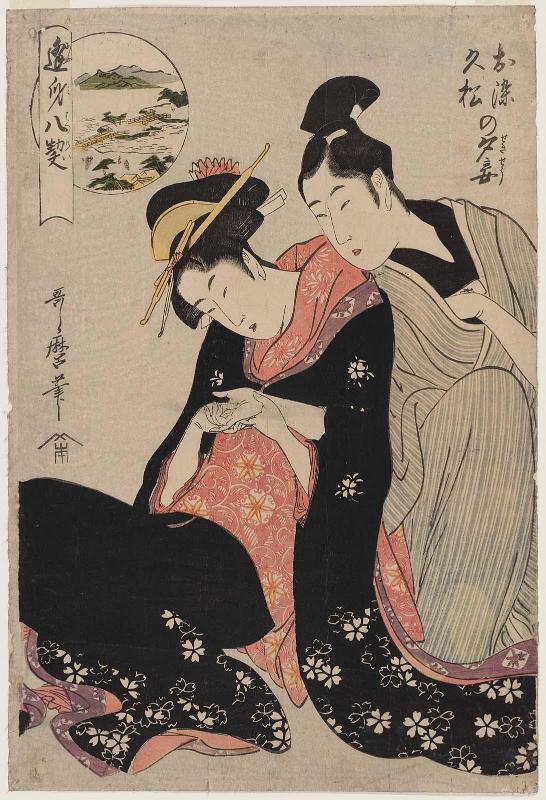 Illicit Love at Evening for Osome and Hisamatsu (Osome Hisamatsu no sekishô), from the series Eight Pledges at Lovers' Meetings (Ômi hakkei)