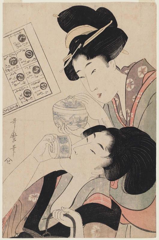 The Syllables Ra through Ku: Woman Drinking Tea and Companion with a Bowl of Rice, from an untitled Iroha series