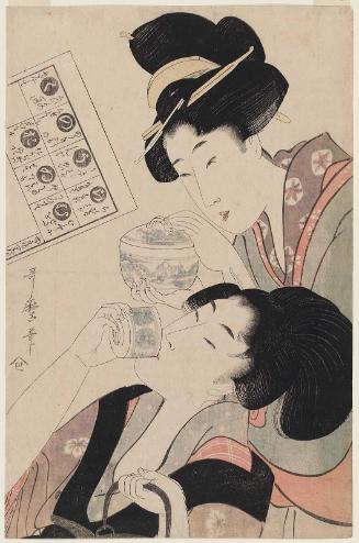 The Syllables Ra through Ku: Woman Drinking Tea and Companion with a Bowl of Rice, from an untitled Iroha series