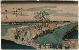 Dawn over Nihon Embankment at Emonzaka in the New Yoshiwara (Shin Yoshiwara Nihon-zutsumi Emonzaka akebono), from the series Famous Places in the Eastern Capital (Tôto meisho)